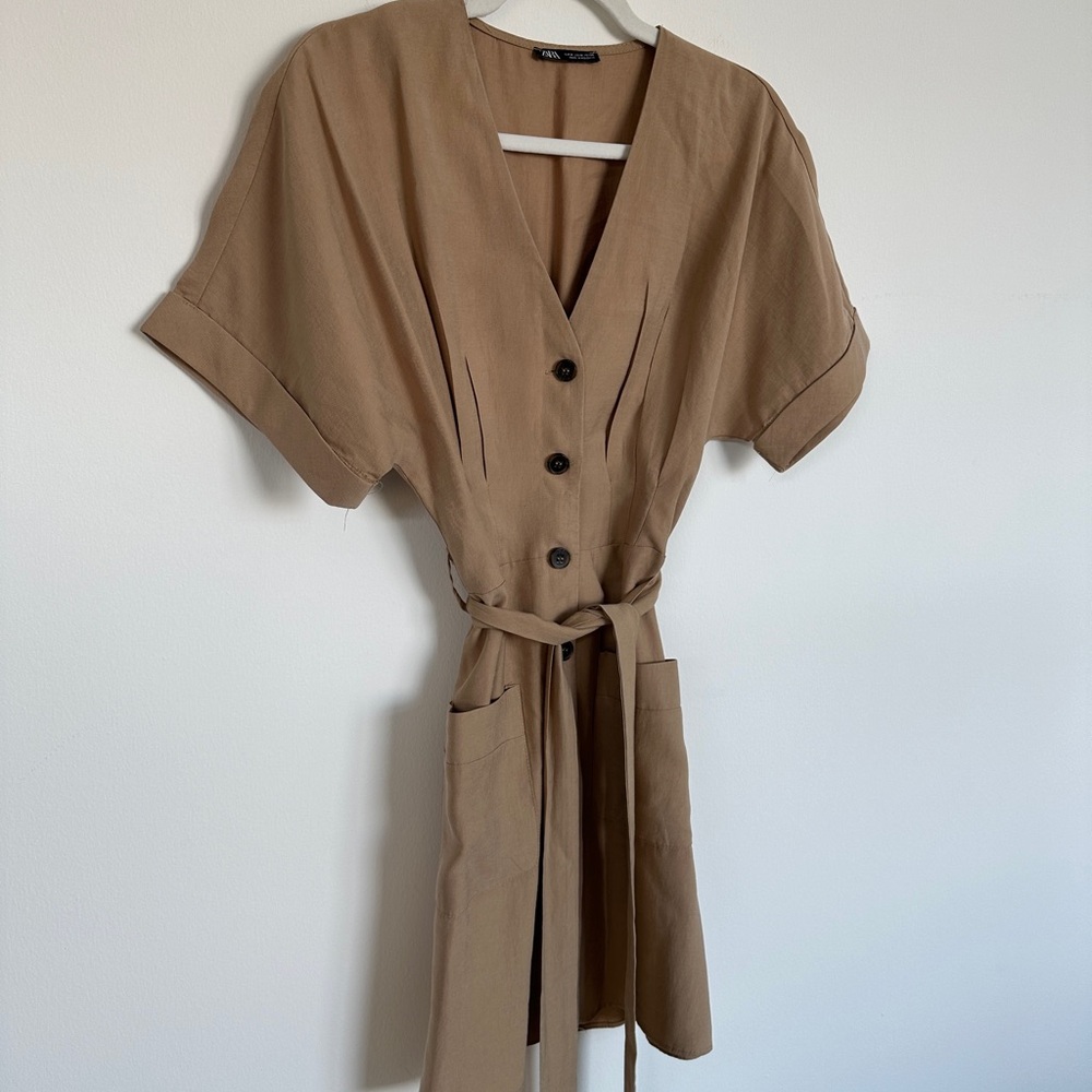 Zara Belted Button Down Camel Dress Safari Style | Size M Medium